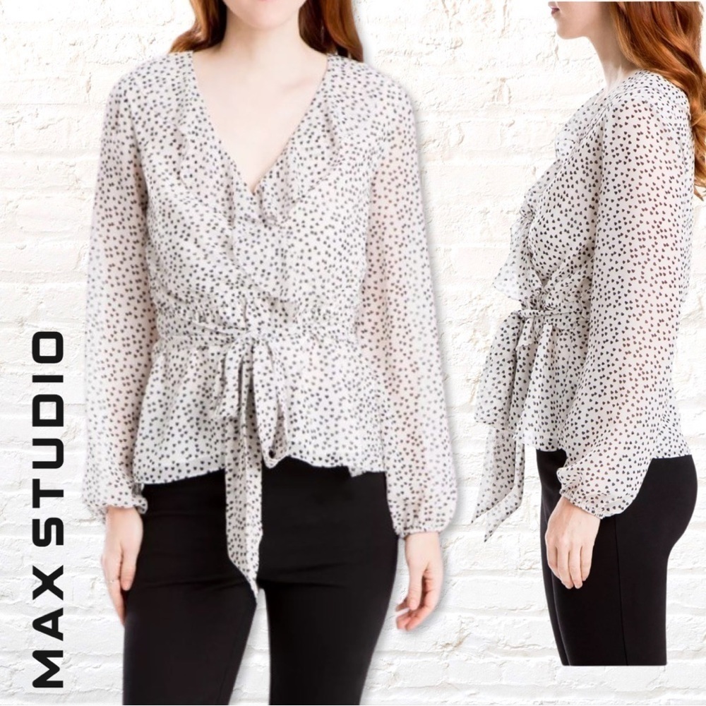 New! Max Studio Heart Print Chiffon Wrap Blouse Size XL